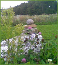 an old stone wall topped with a stack of four small rocks, the top one round, pink clover in the foreground