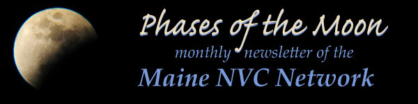 Phases of the Moon, monthly newsletter of Maine NVC Network, with image of moon in partial eclipse