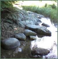 a series of round smooth stones that one could step on or sit upon, next to shallow water